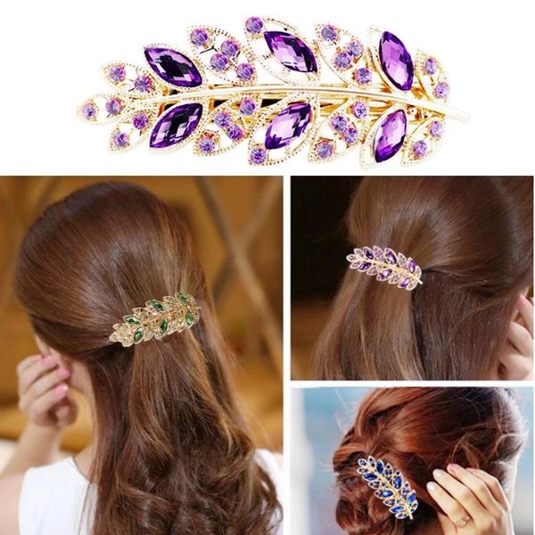 Moda Crystal Leaf Metal Metal Clips for Women Rhinestone Spring Hairpin Barrettes Acessórios para cabelos