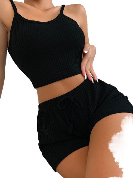 

ribbed knit cami & tie waist shorts lounge set a4sf#, Black;red