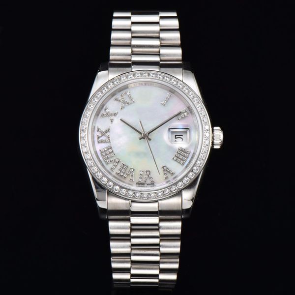 

luxury men's watch white dial 36mm roman numerals mother of pearl with diamond blue crystal glass calendar window 904l folding buckle f, Slivery;brown