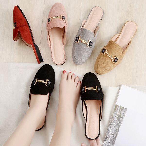 

new spring and autumn flat bottom cool half slipper female goes out baotou lazy person wears fashionable suede muller slippe t35, Black