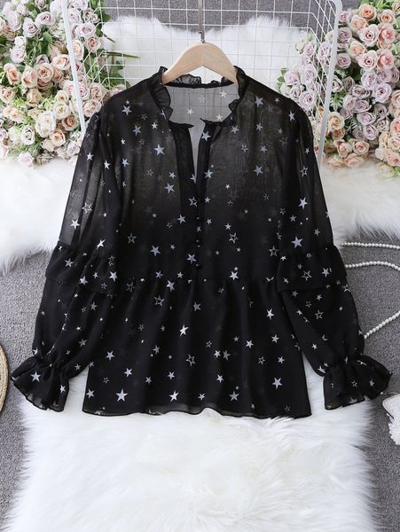 

plus star print flounce sleeve blouse r3lu#, Black
