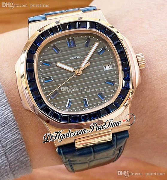 

sale 40mm 5711 a21j automatic mens watch rose gold baguette blue gem bezel gray texture dial diamonds stick markers black leather strap pure, Slivery;brown