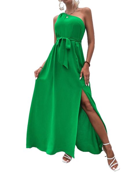 

one shoulder split thigh belted dress e6ze#, Black;gray