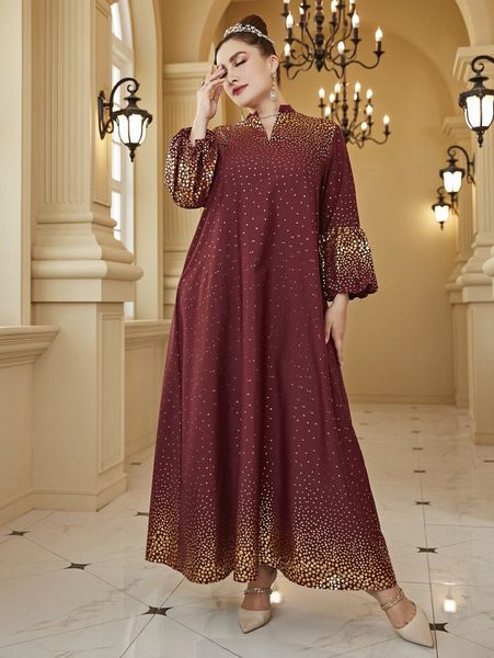

plus random gold geo print notched neckline lantern sleeve dress k5re#, Black