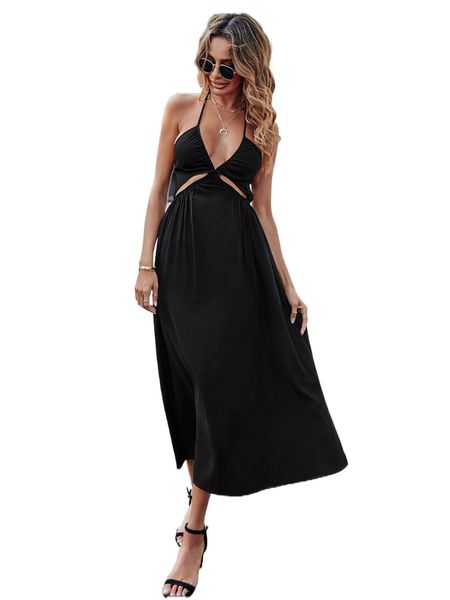 

tied backless cut out halter dress c7lg#, Black;gray