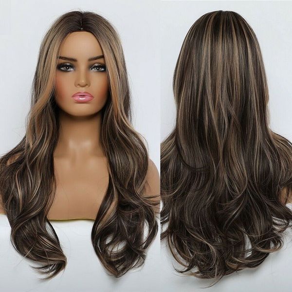 

long wavy synthetic wigs natural ombre high temperature women daily cosplay hair, Black;brown