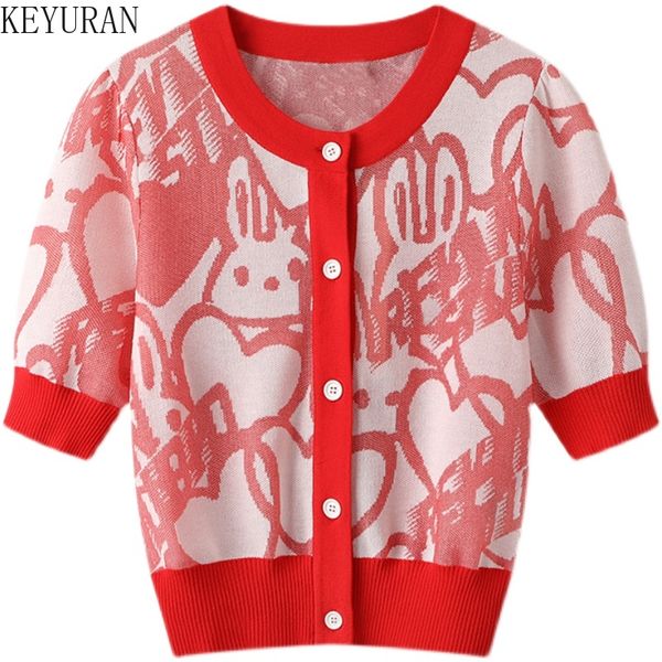 

2022 summer new red love cartoon jacquard short-sleeved sweater cardigan women korean fashion chic round neck knitwear woman, White;black