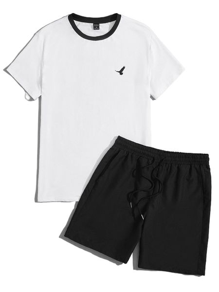 

men contrast trim graphic print tee & drawstring waist shorts o7lx#, Gray