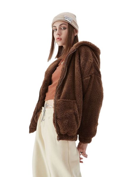 

drop shoulder zipper front teddy jacket 367d#, Black;brown