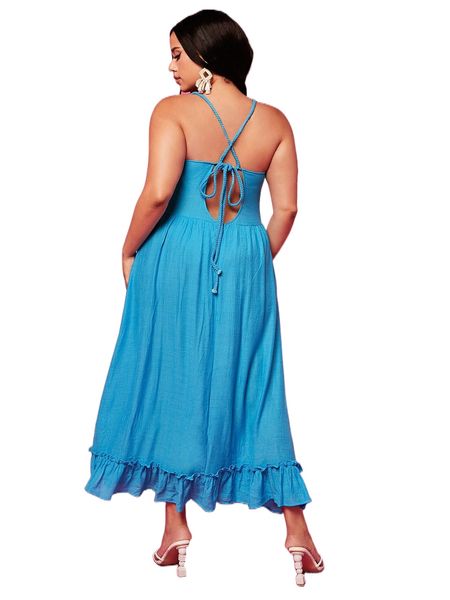 

plus tie back ruffle hem cami dress j3ya#, Black