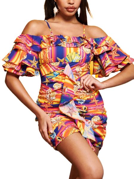 

sxy starfish & scallop print cold shoulder layered sleeve ruffle trim dress 17oq#, Black;gray
