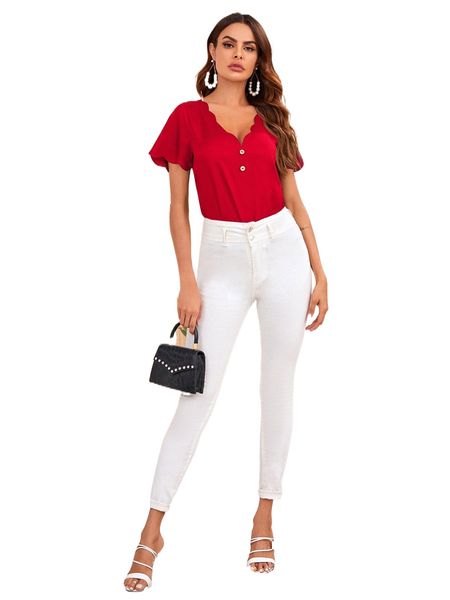 

scallop trim buttoned front f3c1#, White