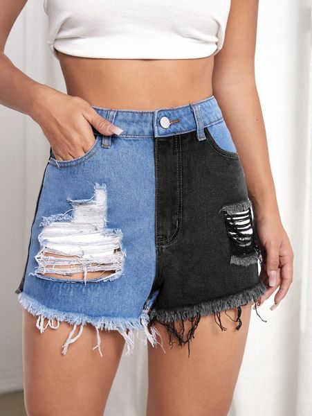 

two tone raw hem denim shorts w4jp#, White;black