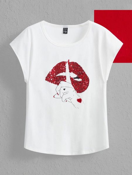 

x peace sequin lip and hand print batwing sleeve tee y3ev#, White