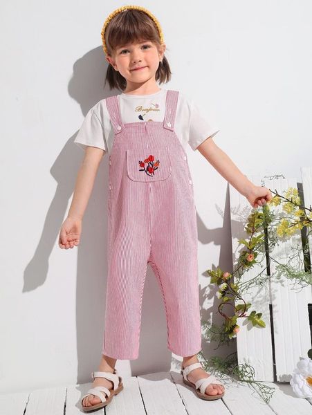 

toddler girls buttoned strap floral embroidery striped pinafore jumpsuit she, Blue