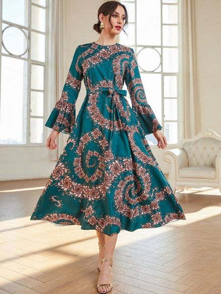 

floral print flounce sleeve belted dress q6e5#, Black;gray