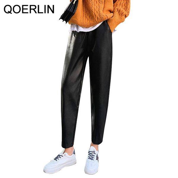 

leather pu pants women elastic waist anklelength pu trouser girls european and american style high waist pants women 210412, Black;white