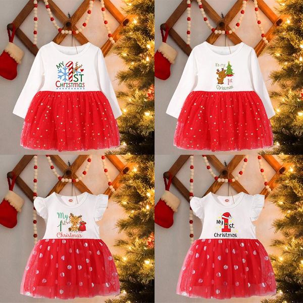 Vestidos de menina meu primeiro natal nascido bebê vestido vermelho garotas crianças crianças cervos tutu little infantil princesa natal festa presente