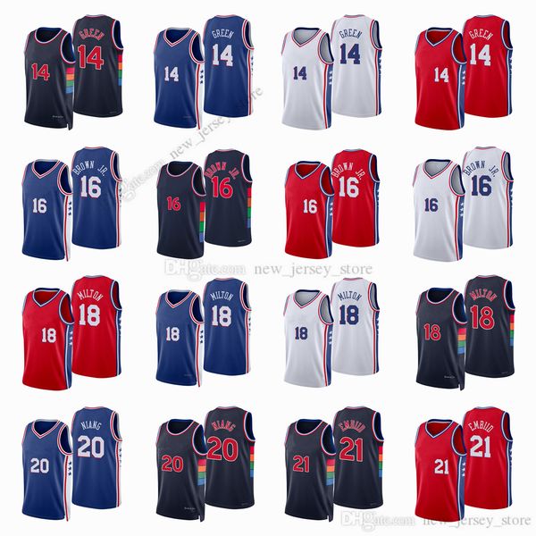 

printed 2022 new city basketball danny 14 green jerseys joel 21 embiid 20 georges niang 18 shake milton charlie 16 brown jr. jersey red blue, Black;red