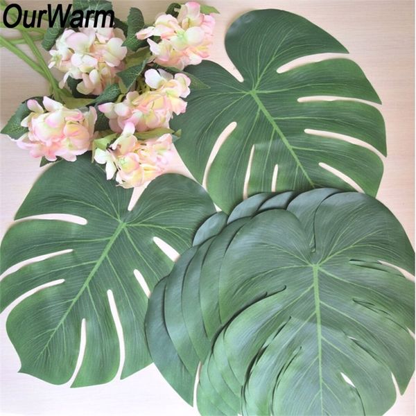 Ourwarm 12pcs Artificial Palm Table Placemat Coaster Fake Leaves Tea Mat Hawaii Tropical Party Wedding Decoration 220627