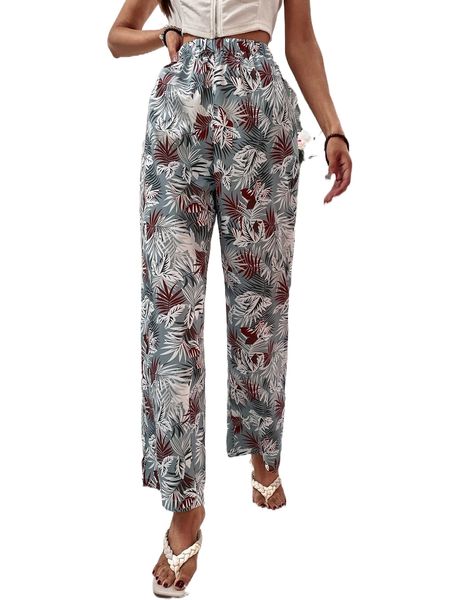 

tropical print elastic waist pants 91ml#, Black;white