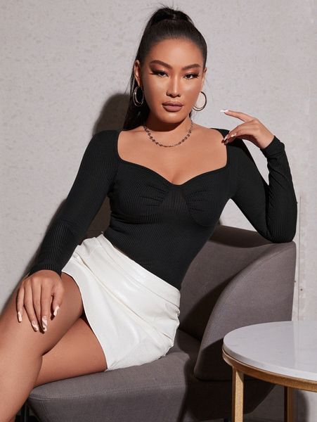 

petite sweetheart neck rib knit tee g0dy#, White