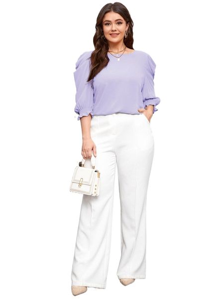 

plus solid lantern sleeve blouse z5nu#, Black