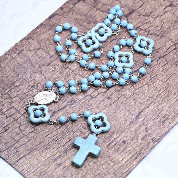 

collier chapelet bleu turquoise collier croix collier cadeau religieux catholique perles de prire pidmique, Silver