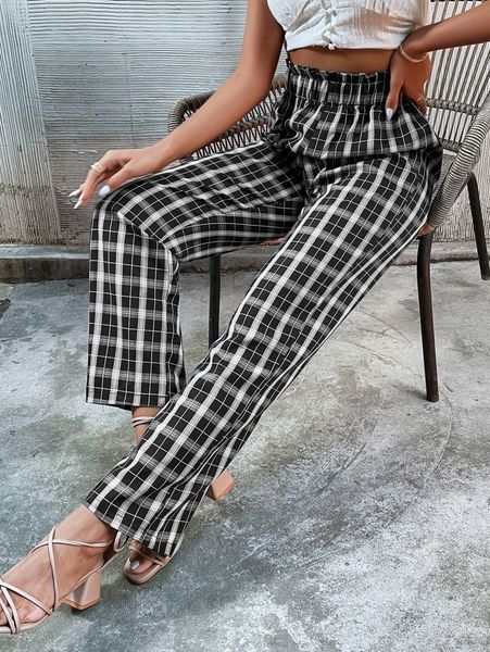 

plaid print paperbag waist pants 169u#, Black;white