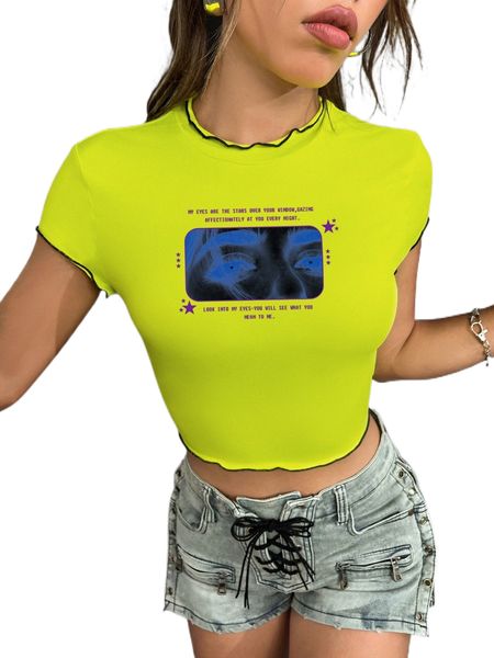 

slogan & figure graphic lettuce trim crop tee o8r2#, White