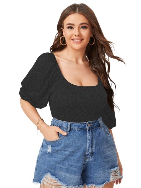 

plus solid scoop neck tee l67l#, Black