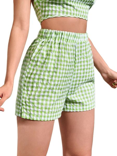 

gingham elastic waist shorts t6as#, White;black
