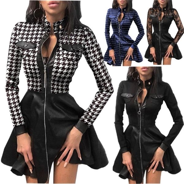 

autumn winter new fashion pu leather and receiving waist hollow sleeve dress women vintage plaid zippers slim mini dress 210320, Black;gray