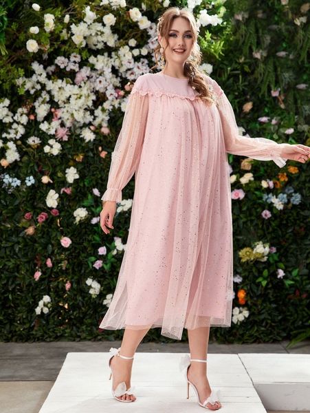 

plus gold dot print lace trim mesh dress 16nz#, Black