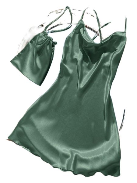 

plus draped front criss cross back satin cami nightdress & bag x9hf#, Black;white
