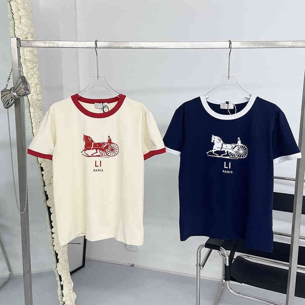 

2022 early spring tide brand ce carriage contrast color short sleeve round neck print red loose leisure youth college t-shirt female, White