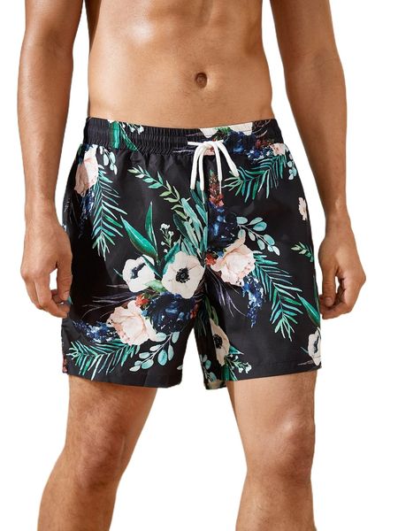 

men tropical print drawstring waist shorts w73q#, White;black