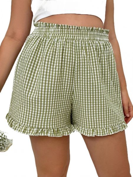 

plus gingham print paperbag waist frill trim shorts p0bw#, Black