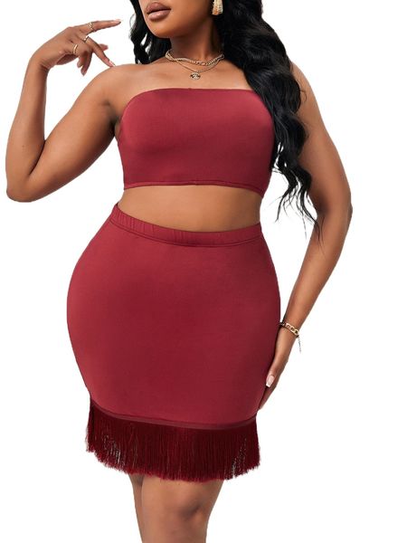 

plus tube & fringe hem bodycon skirt e4nx#, Black