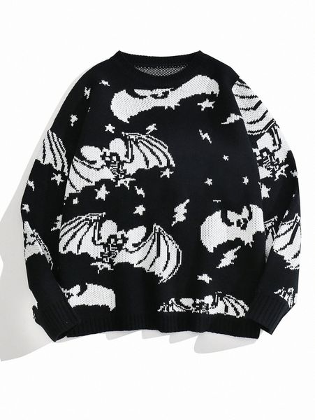 

bat & skeleton pattern drop shoulder sweater n40t#, White;black
