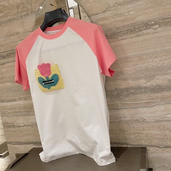 

women's t-shirt designer chaopai 22 early spring new color matching hook flower pearl decoration sleeve contrast sweet and lovely short, White