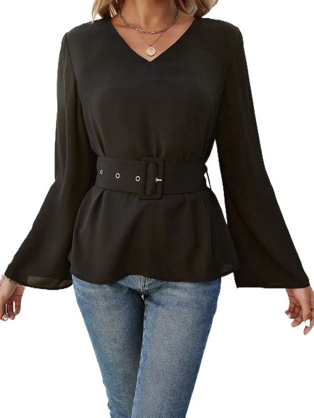 

trumpet sleeve belted blouse 58uh#, White