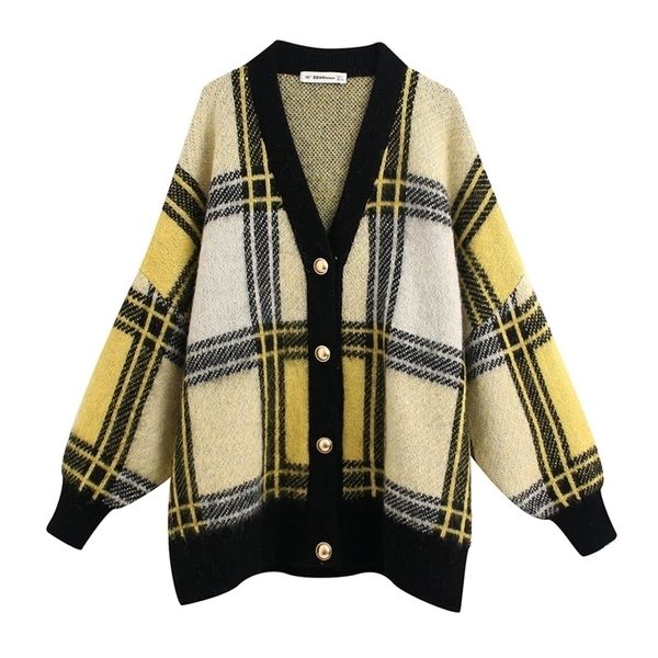

single breasted sweaters women fashion loose v neck sweater elegant ladiesplaid printed sweaters lj201113, White;black