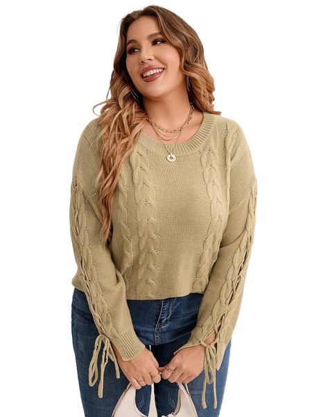 

plus cable knit lace up sleeve drop shoulder sweater v9v3#, Black