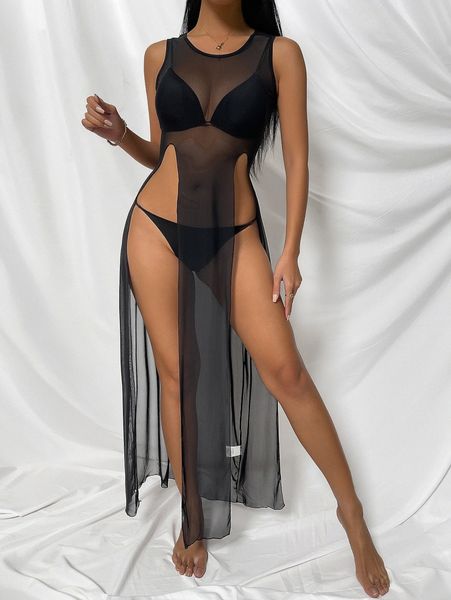 

plain slit sheer mesh cover up g3uk#, White;black