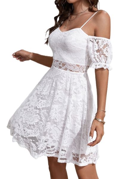 

cold shoulder flounce cuff guipure lace dress g4ld#, Black;gray