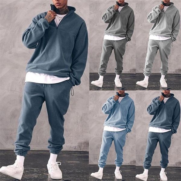 

mens sweatshirts sets long sleeve soild color leisure sportwear fleece 2 piece outfit set men autumn warm casual tracksuit 220708, Gray