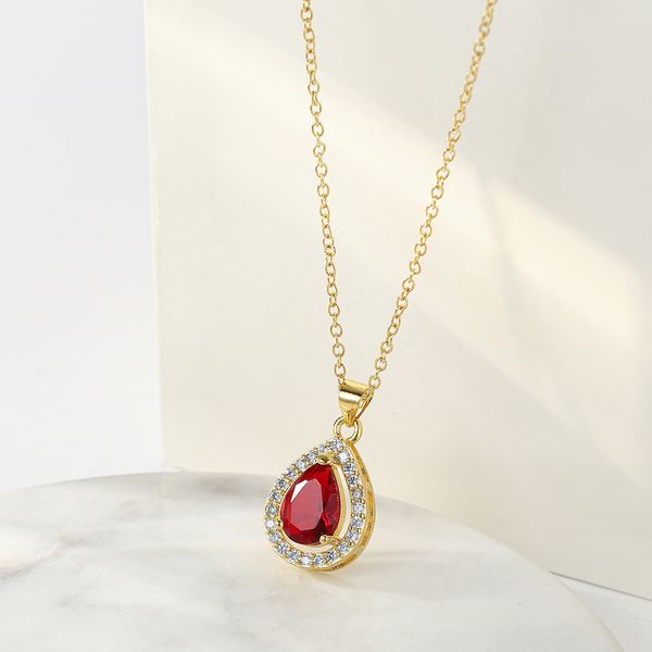 

waterdrop women pendant chain inlaid red cubic zircon 18k yellow gold filled lady jewelry gift pretty girlfriend accessories, Silver