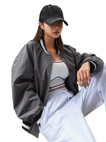 

dazy striped trim button front drop shoulder baseball jacket h9ji#, Black;brown