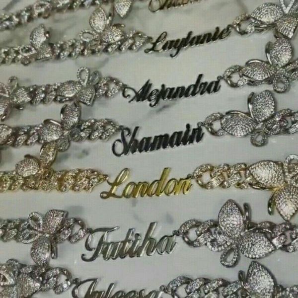 

custom name 9mm butterfly cuban link chain namplate pink butterflys choker cz punk miami link bling bling jewelry for gift, Silver